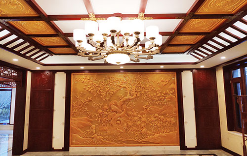 遵化中式别墅客厅中式木作横梁吊顶装饰展示