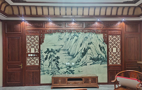 遵化中式仿古别墅客厅背景墙花格木作装饰
